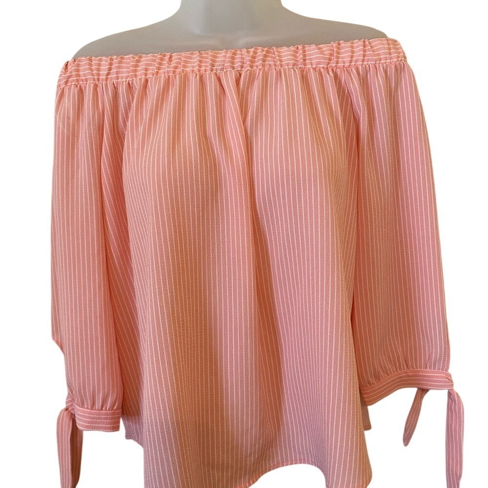 MUST HAVE Women Coral Stripe‎ Off Shoulder Tie Sleeve Blouse Top